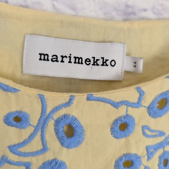 Marimekko Niila Rentukka Dress 44 Yellow Blue Eyelet Cotton Shift Pockets Pastel - Picture 6 of 6